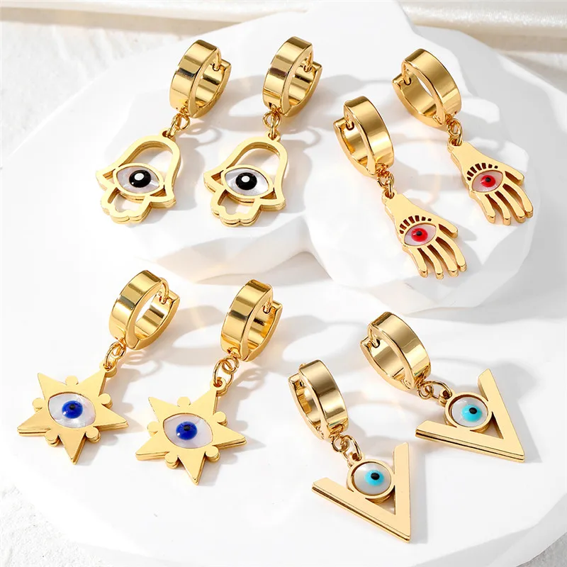 Серьги-кольца женские из нержавеющей стали, рука Фатима, звезда, сглаза, винтажные треугольные, турецкий глаз, ювелирные изделия в стиле панк, E98