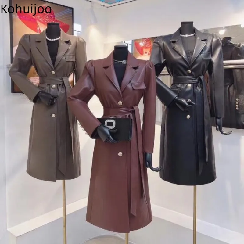 Kohuijoo Trench Coat for Women Leather 2022 Autumn Winter Fashion Formal Slim PU Leather Coat Ladies Windbreaker With Belt