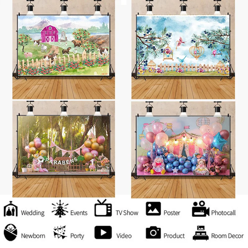 

SHENGYONGBAO Romantic Decoration With Colorful Balloon Arch Bears Background Newborn Baby Birthday Photography Backdrops LGH-04