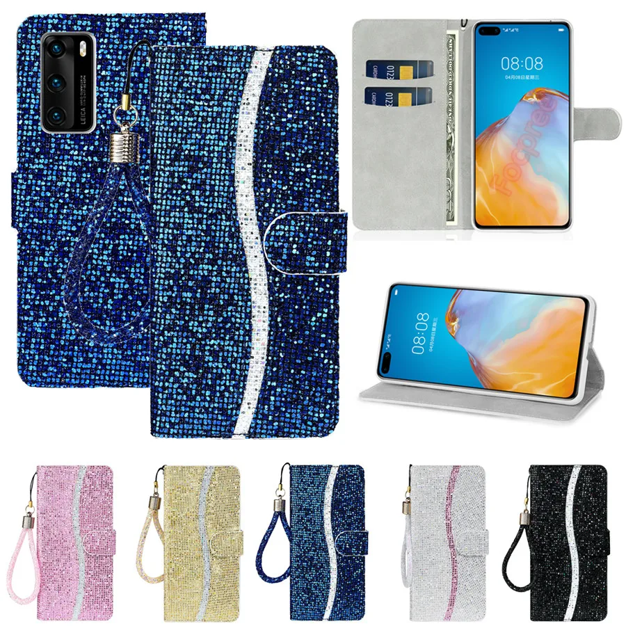 

Flip Leather Wallet Case For Huawei P40 Lite E/Pro P30 Lite/Pro P Smart 2019 Y5 2018 Y5/Y6 2019 Honor7A Flashing Powder Magnetic