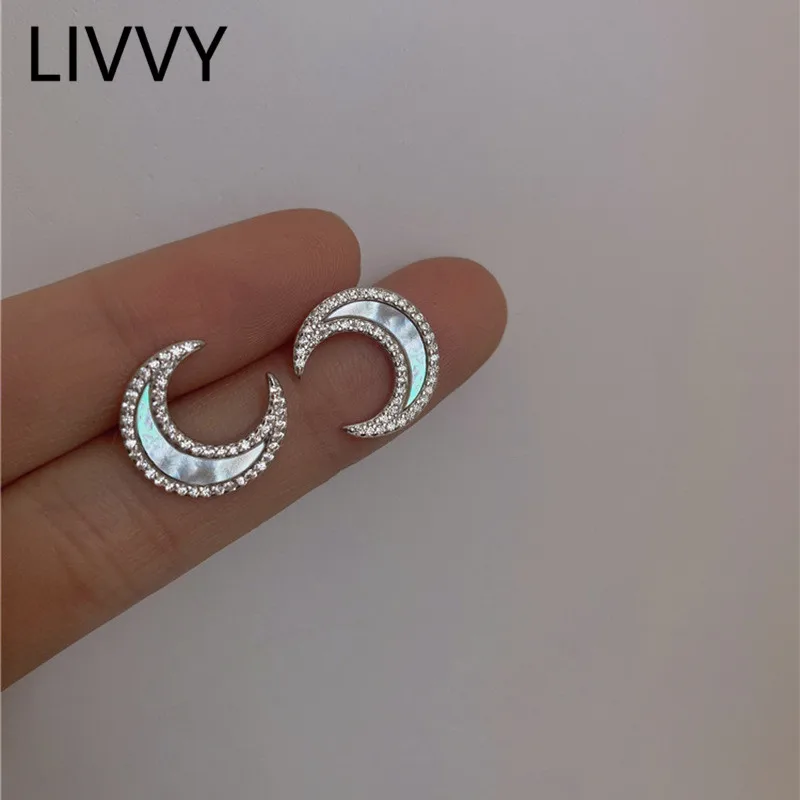 LIVVY серебряные серьги-гвоздики с луной и цирконием женские модные