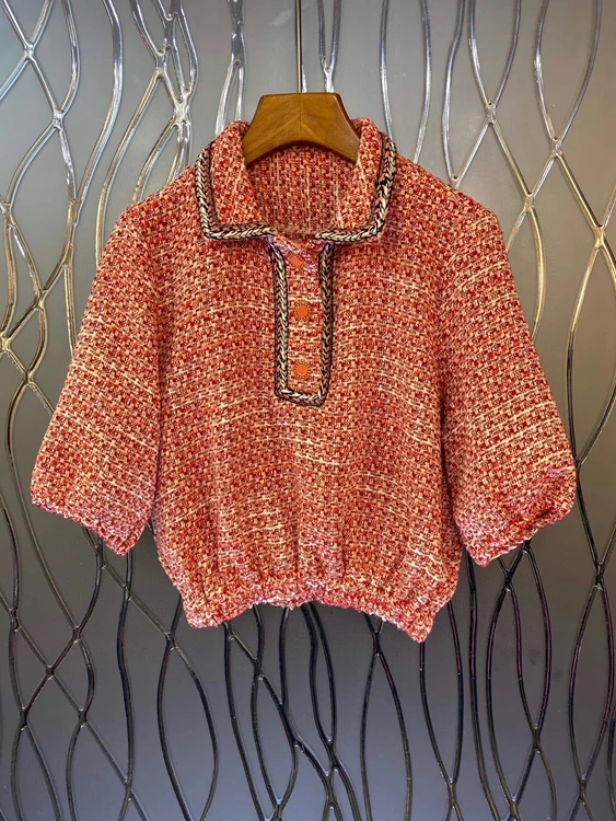 

2022 new women fashion lapel knitted knitted decorative lantern sleeves all-match top knitted sweater 0112