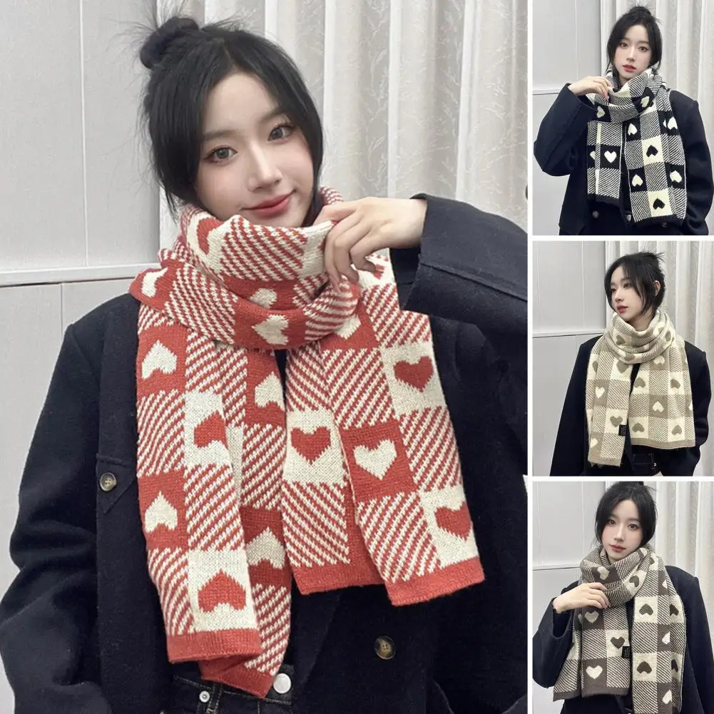 

Women Scarf Luxury Plaid Heart Pattern For Women Shawl Wraps Plush Autumn Winter Windproof Knitted Thermal Scarf Daily Wear