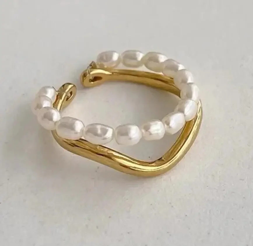 Французский обруч с жемчугом золотого цвета двухслойные кольца на палец для