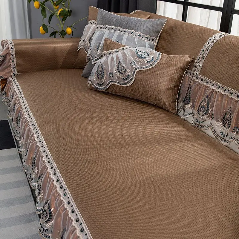 

Solid Color Sofa Cover Ice Silk Non-Slip Sofa Towel With Lace Summer Simple Style Sofa Seat Cushion Home Sofa Decor Couch Cover