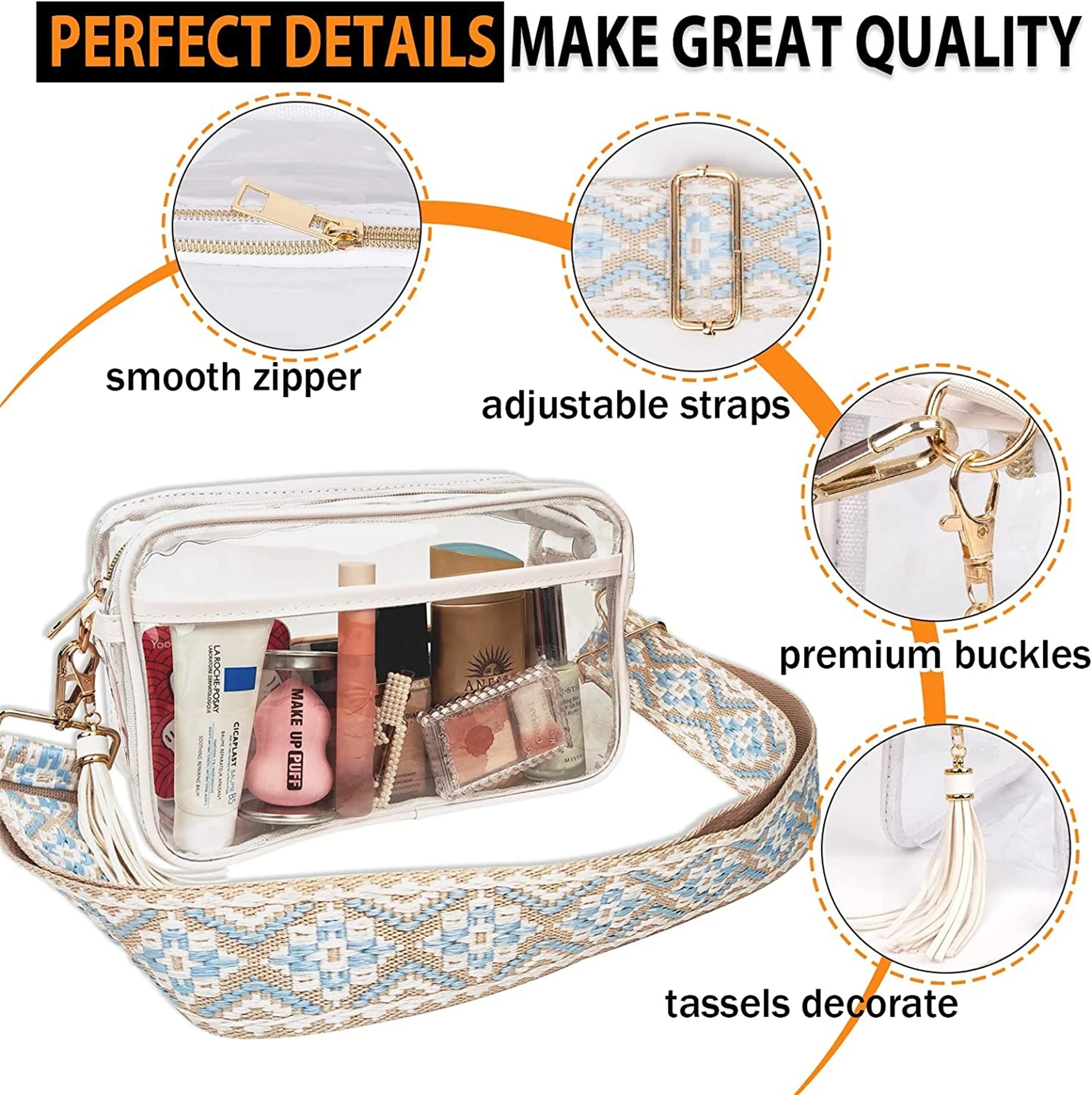 Women Courtney Gym Stadium Transparent PVC Crossbody Bag Clear Approved Purse With Guitar Strap with Zipper Top Bag For Concert