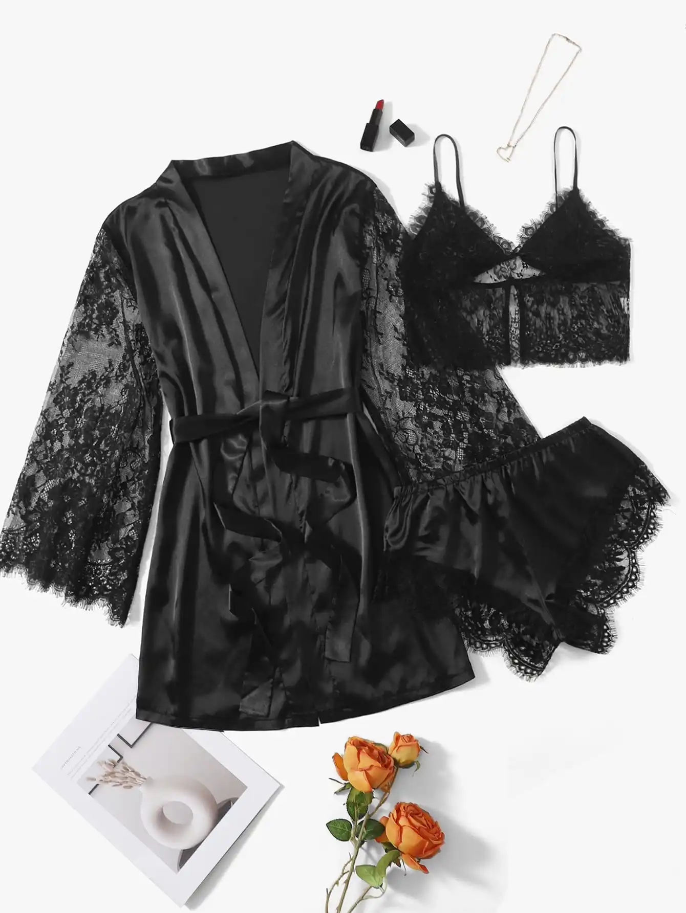 

Contrast Lace Satin Lingerie Set With Belted Robe
