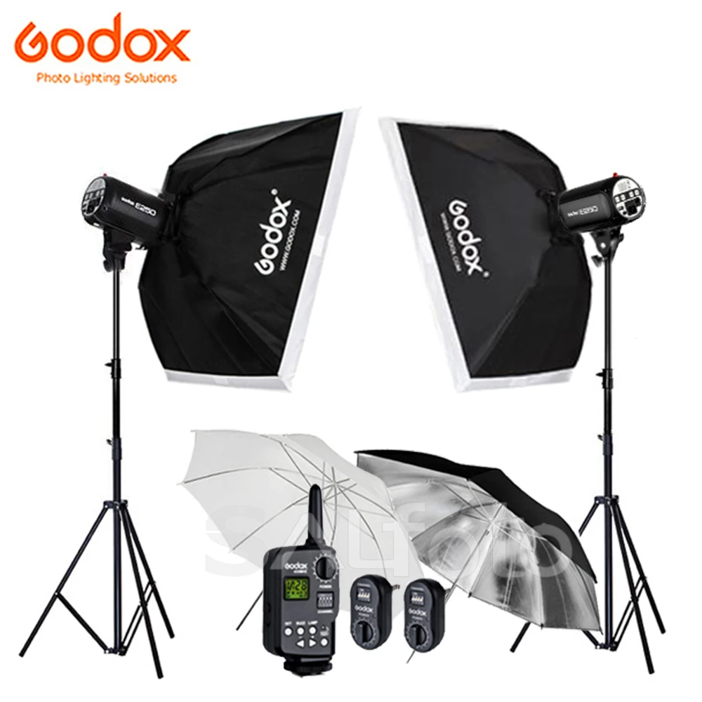 

Godox 2x E300 300Ws / E250 250Ws Studio Flash Lighting Kit + 60x90cm Softbox +2m Light Stand + Transmitter Trigger FT-16 Set