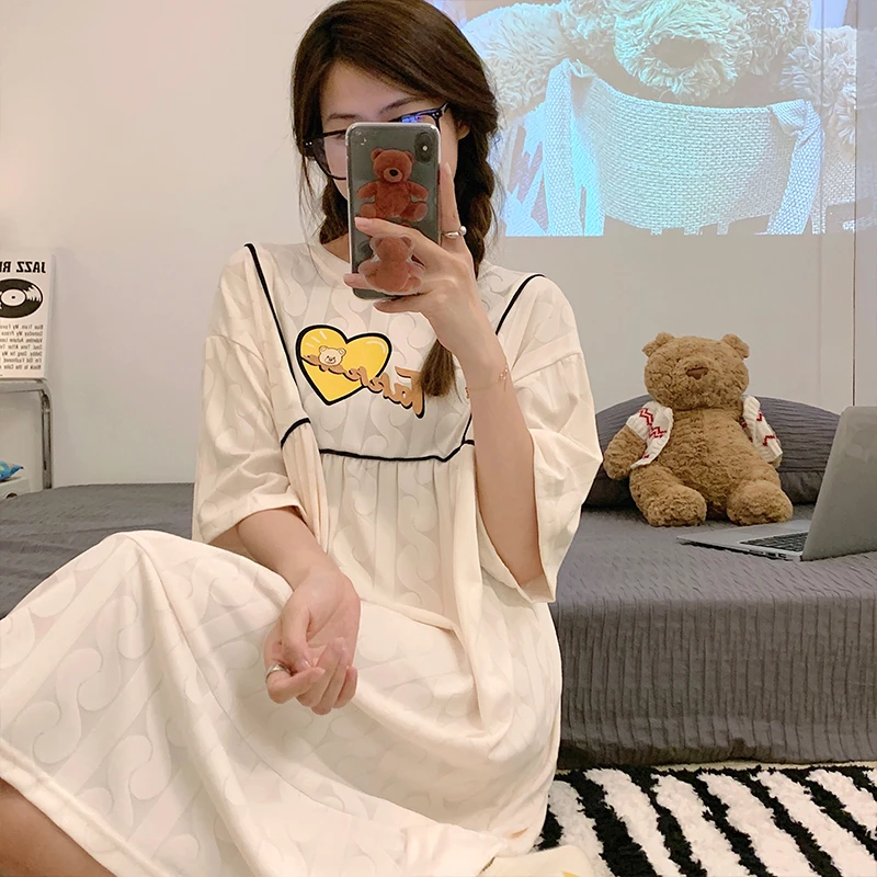 Summer Women Nightgown Pajamas Cartoon Love Print Nightdress Cute Sleepwear Girl Pijamas Mujer Night Wears For Women Homewear