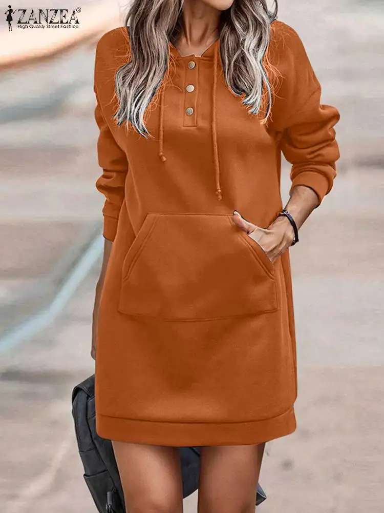 

Платье ZANZEA женское оверсайз с длинным рукавом, Модный повседневный однотонный Мини Сарафан с капюшоном для офиса, осень 2022