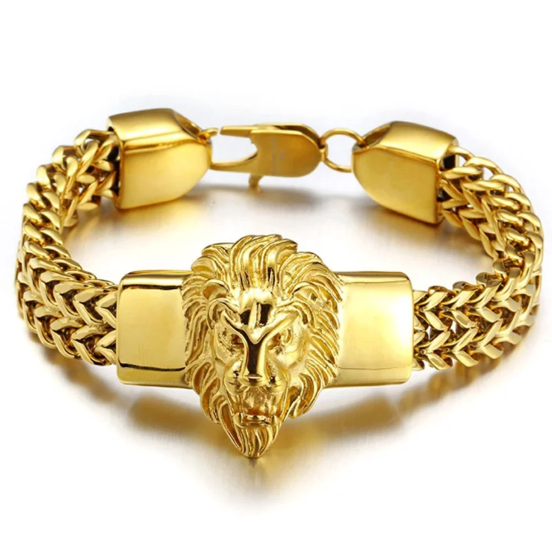 

Fashion Domineering Stainless Steel Gold color Lion King Charm Bracelet Men's Rock Punk Wristband Jewelry Gift