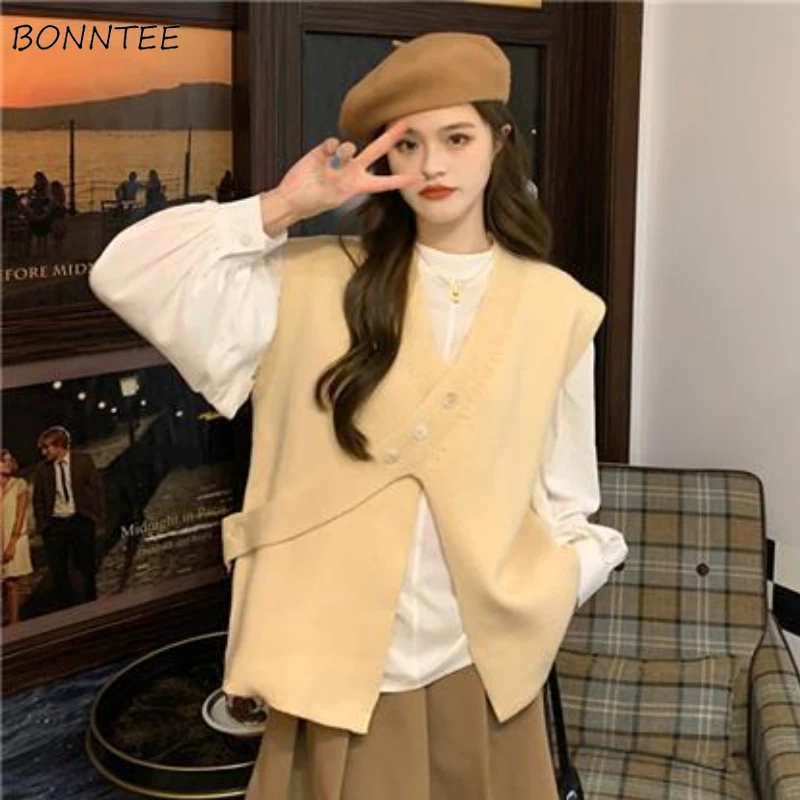 

Sets Women All-match Elegant Sweet College New Design Asymmetrical Button Trendy Ulzzang Solid V-neck Ins Hot Sale Cozy Loose