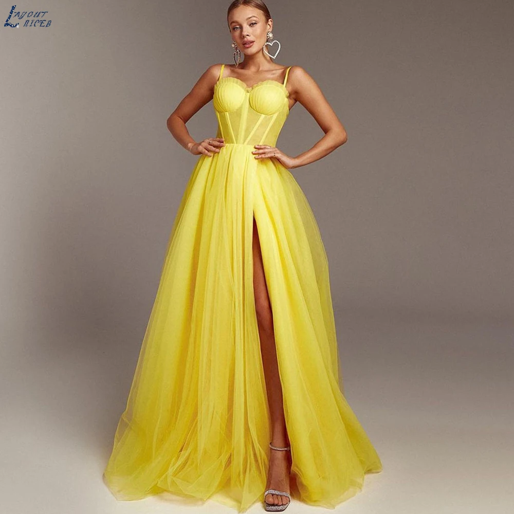 

Yellow Soft Tulle Long Formal Prom Dresses Sexy High Slit Pleats Evening Gowns 2023 Detachable Spaghetti Strap Wedding Party
