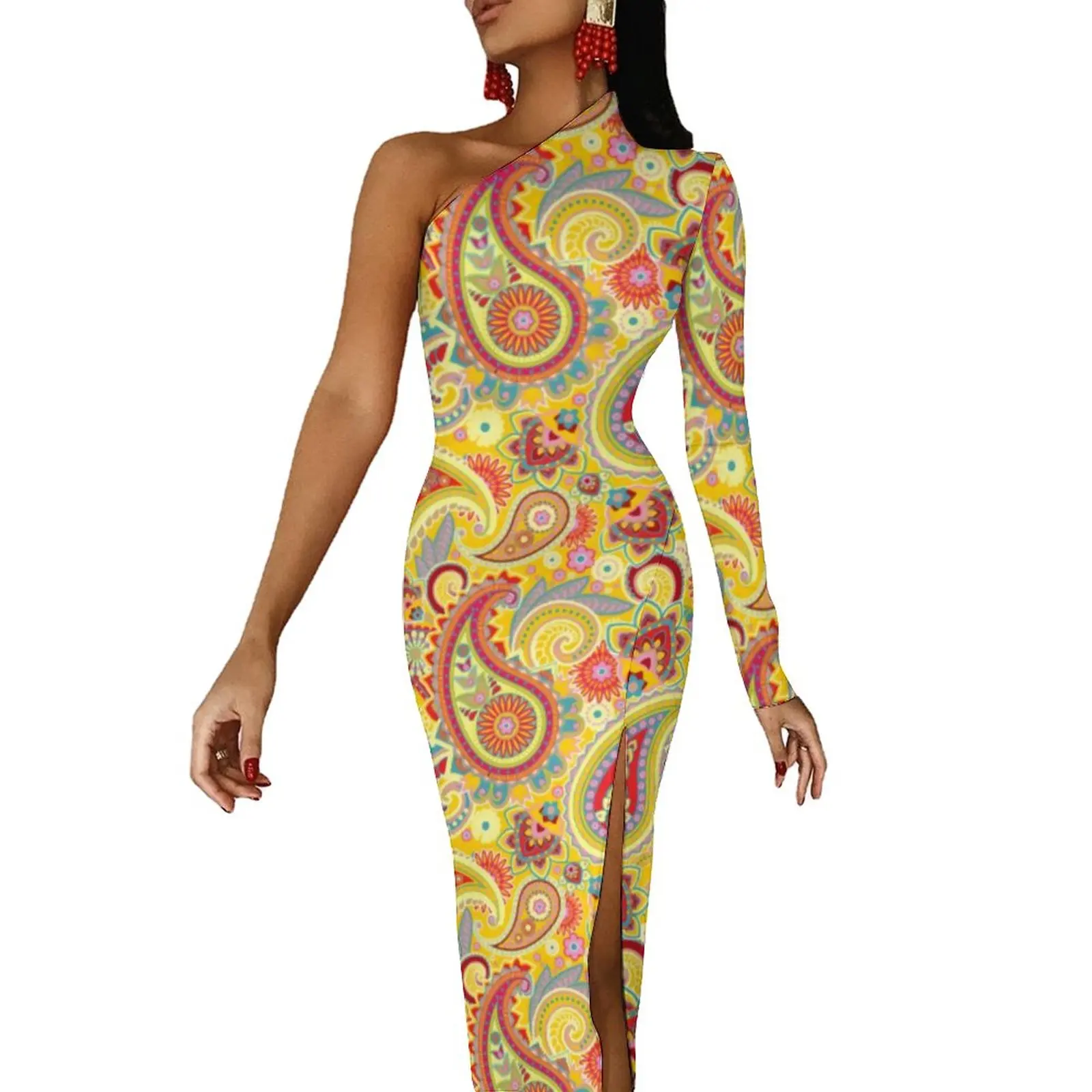 

Yellow Retro Paisley Long Dress Womens Trippy Hippy Print Party Maxi Dress Spring Sexy Bodycon Dresses Side Split Custom Vestido