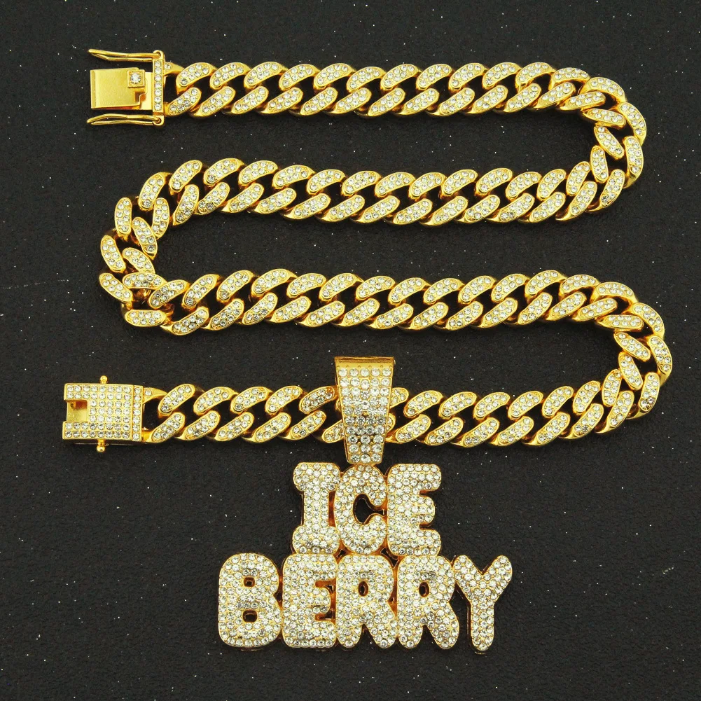 

Men Women Hip Hop ICE BERRY Letters Pendant Necklace With 13mm Miami Cuban Chain Iced Out Bling Chain Necklaces Male Jewelry New