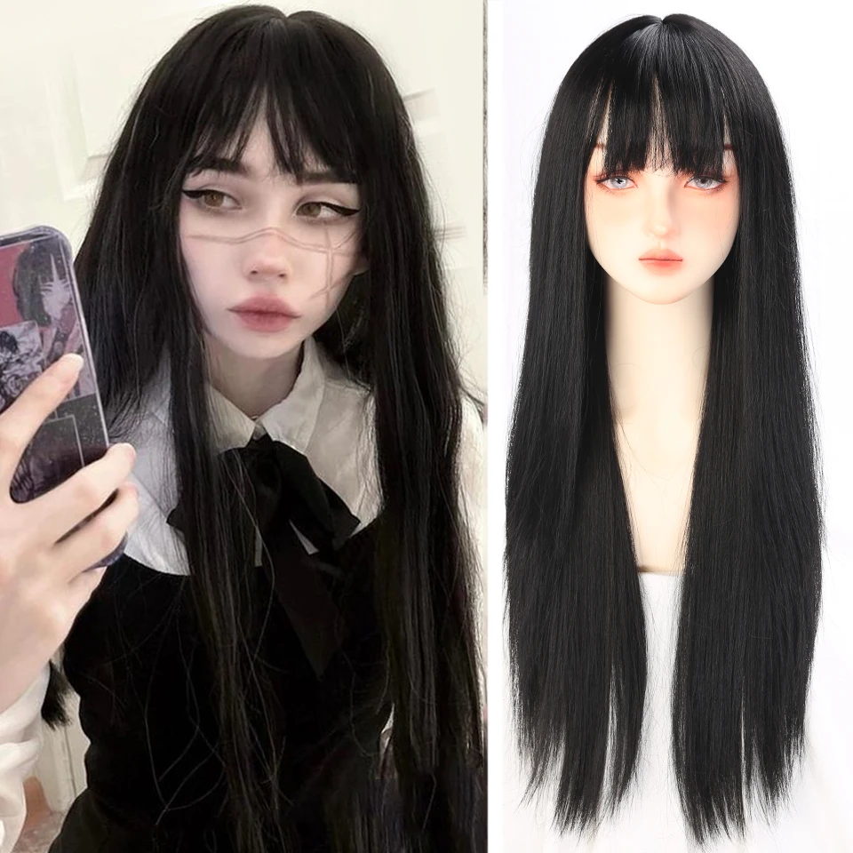 HOUYAN Synthetic Long straight hair black comic bangs girl wig natural bangs cosplay Lolita party Heat-resistant wig