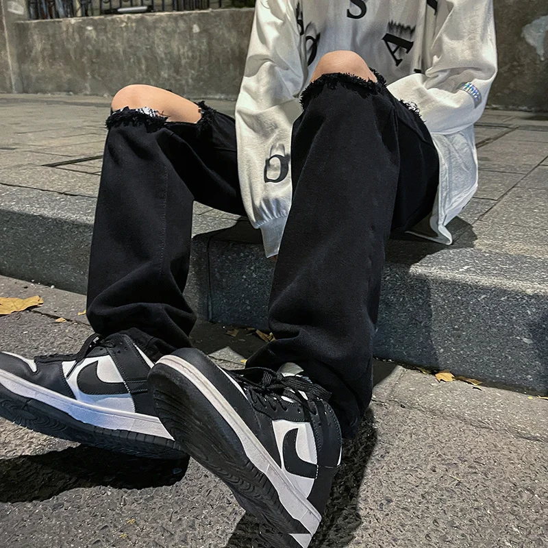 Ripped Black Skinny Jeans Men Slim Fashion Casual Straight Jeans Men Streetwear Summer Loose Hip Hop Hole Denim Pants Men S-2XL