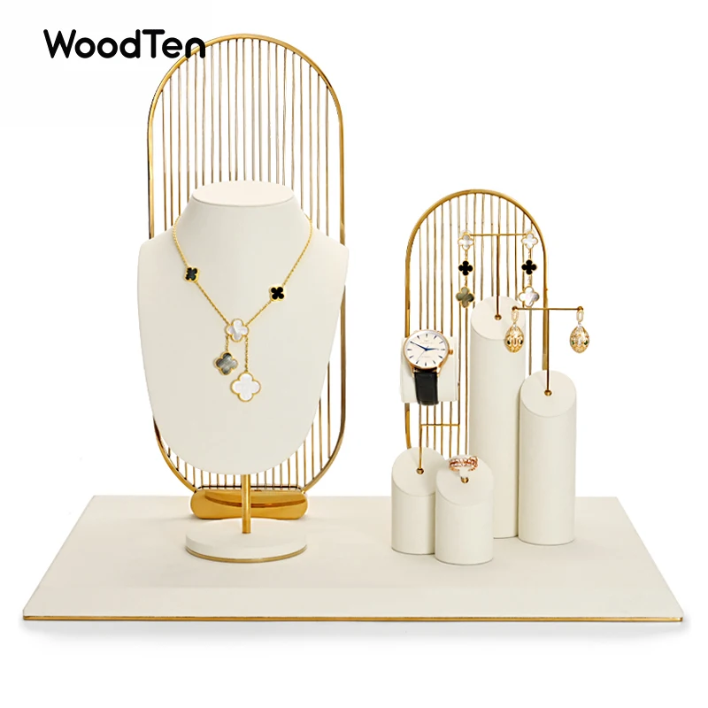 

WoodTen Jewelry Display Stand for Necklace Earrings Ring Jewelry Accessories with Metal Microfiber Showing Shelf Beige