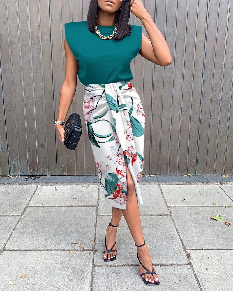 

Женское контрастное платье без рукавов, Повседневное платье до колена с цветочным принтом, круглым вырезом и высокой талией, весна-лето