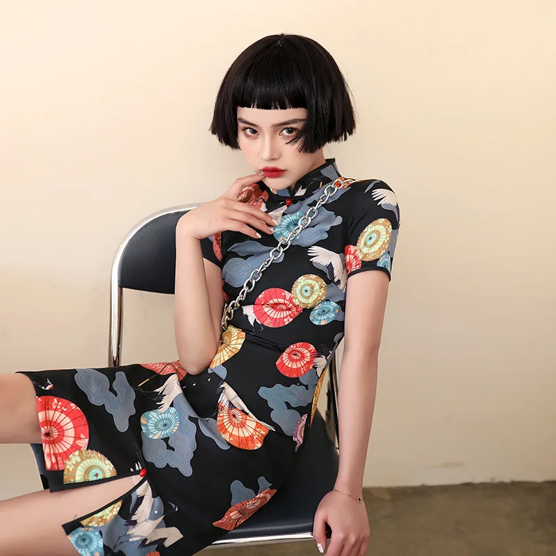 

2022 Spring Summer Modern Cheongsam Chinese Dress Women Unique Qipao ShortSleeve Sexy Slit Orient Fashion Casual Dresses Bodycon