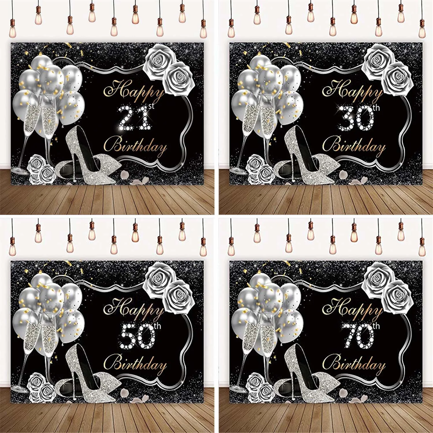 

Customized Black and Silver High Heel Rose 21st 30th 40th 50th 60th 70th Birthday Backdrop Party Banner Photo Booth Background