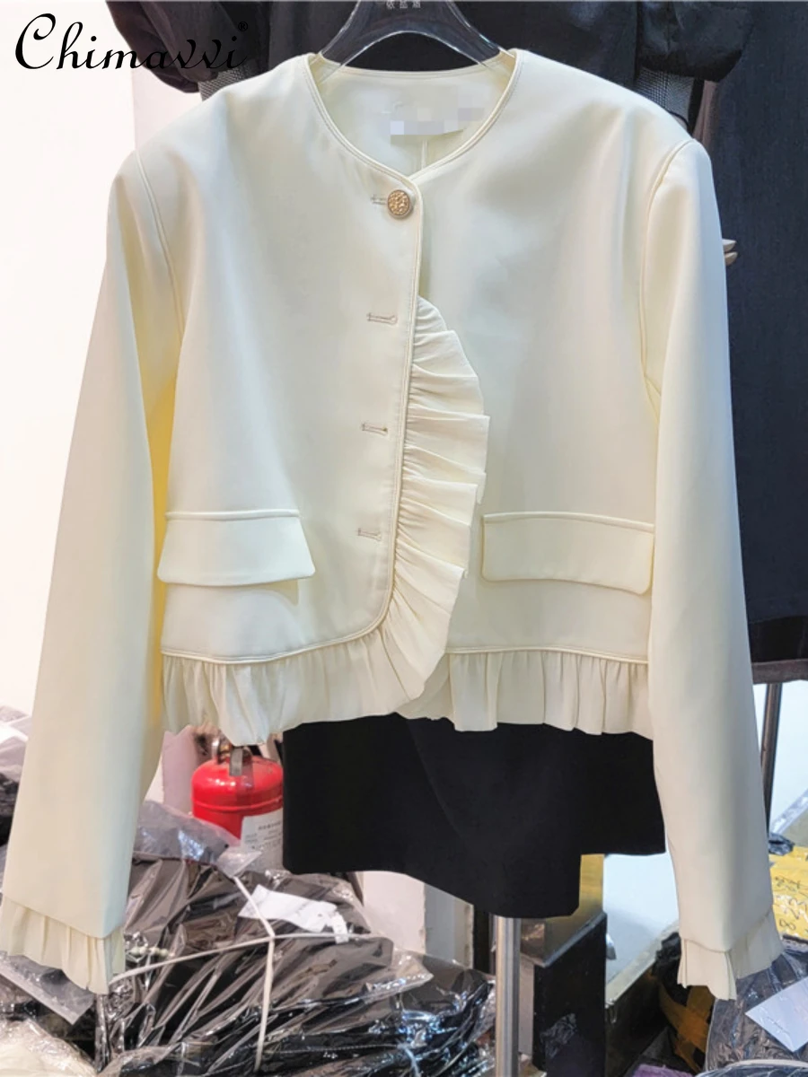 

Fashionable Jacket Women's 2022 Autumn Coat New Korean Style Ruffled Slim Fit Temperament Retro Feminine Long Sleeve Coats