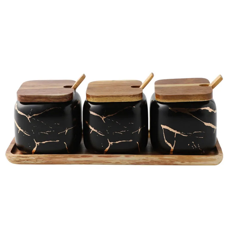 

Nordic Matte Marble Ceramic Herbs Cans Spice Jar Some Salty Cans Domestic Herbs Box Kitchen Herbs 3 Deli Set -Black