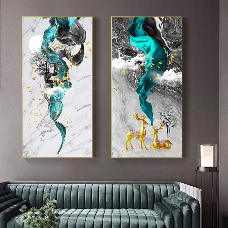 

Blue Fabric Art Posters and Prints Golden Elk Landscape Abstract Canvas Painting Wall Art Picture Living Room Entrance Decor