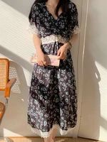 french prairia chic women floral chiffon dresses white lace contrast design v neck short sleeve calf length one piece robe 2022