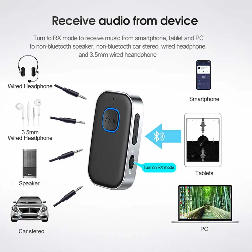 

Bluetooth-совместимый приемник Универсальный музыкальный потоковый 16H воспроизведение музыки аудио адаптер с микрофоном с зарядным кабелем