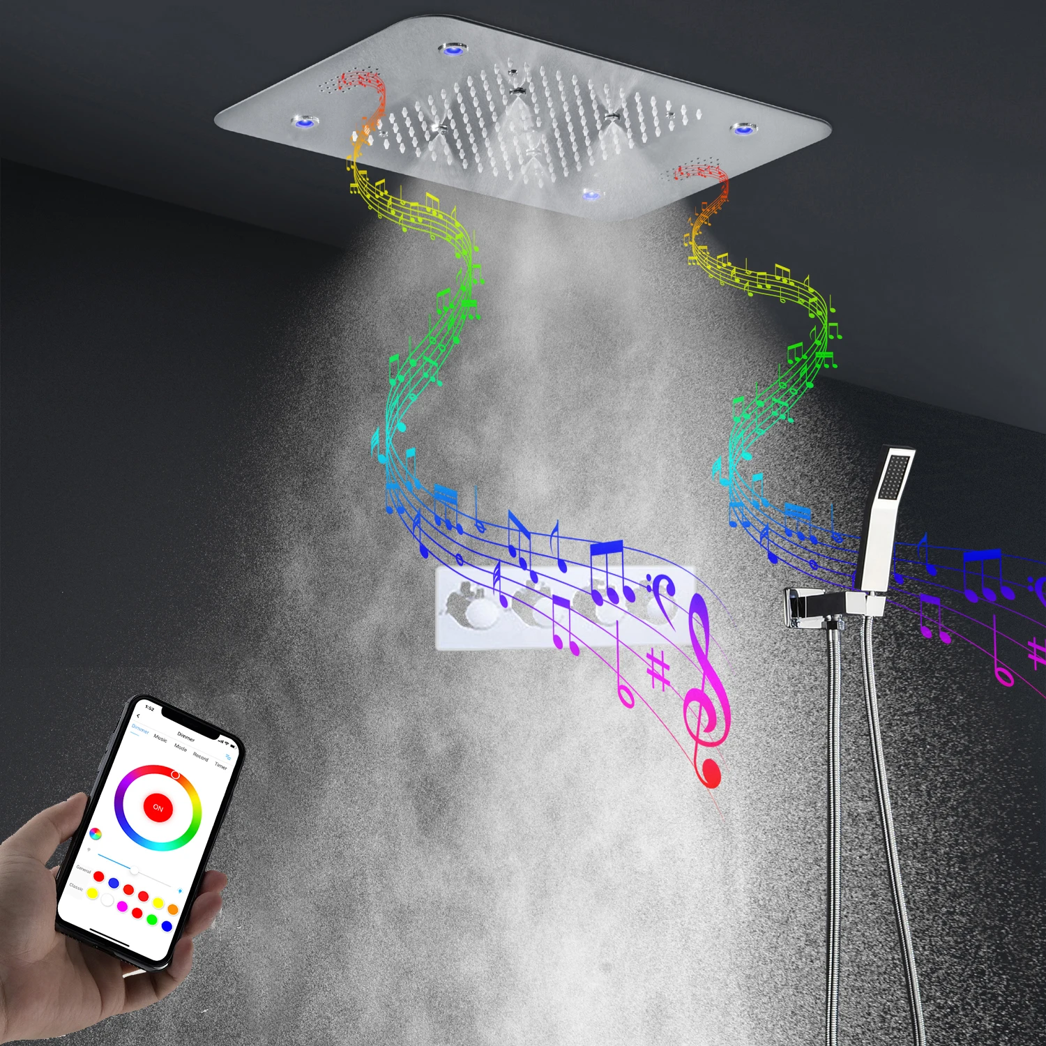 Встраиваемая потолочная светодиодсветодиодный насадка для душа, дождевой туман, спрей для ванной, музыкальный душевой набор, 3 функции, термостатический смеситель, кран