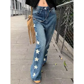 Star Print High Waisted Jeans Woman Street Vintage Hip Hop Mopping Baggy Jeans Women Clothing Casual Straight Women Jeans 1