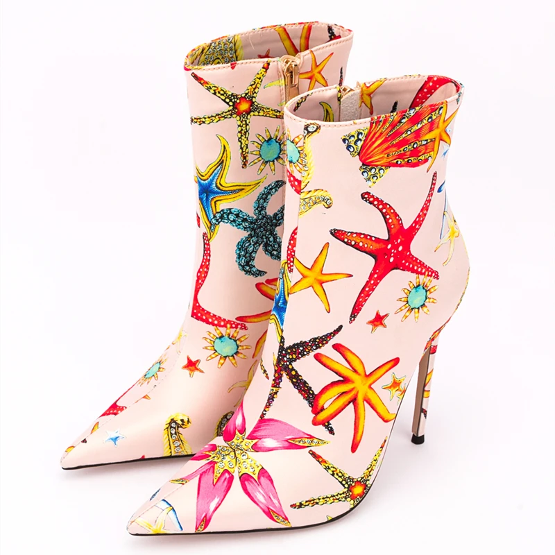 Fashion Mixed Color Print Short Ankle Boots Pointy Toe Thin High Heel Shoes for Women Side Zip Booty Spring Winter Size 45