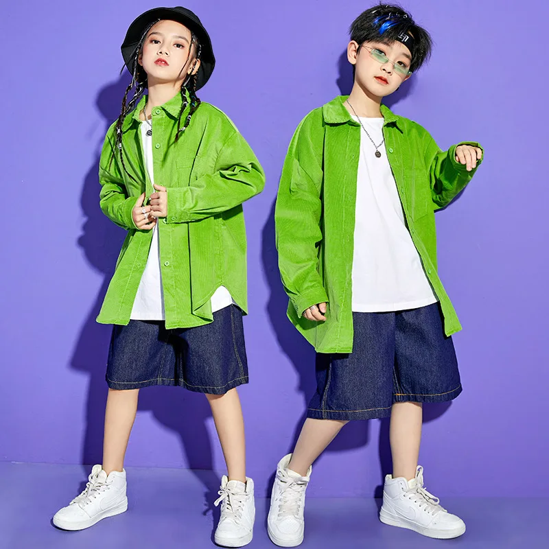 

Костюм для девочек-подростков, зеленая рубашка в стиле хип-хоп, топ и шорты большого размера, Детская уличная одежда, костюм для танцев, на ле...