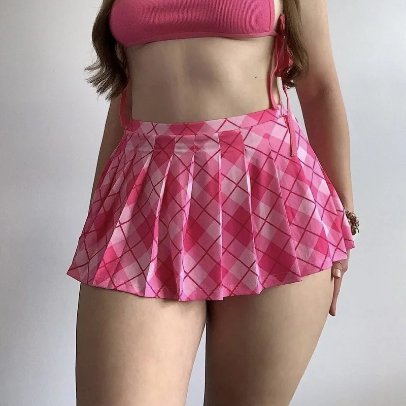 

Y2k Pink Pleated Skirt Female Cute Aesthetic Woman High Waist Plaid Skirt Harajuku E Girl Mini Skirts Harajuku 2021 Summer New