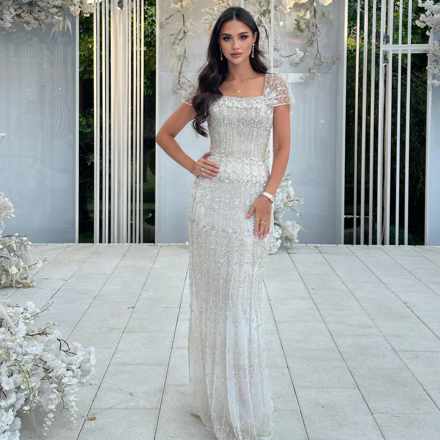 Шарон Саид арабское белое роскошное вечернее платье русалки в Дубае с короткими