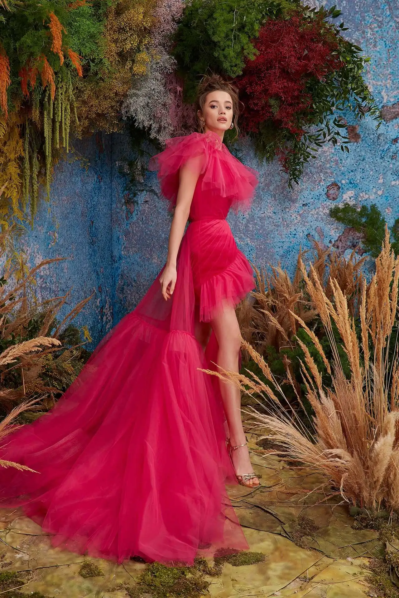 Red Women Prom Dress 2023 New Tulle Neck Rose Sleeveless Puffy Flower A-Line Ball Gown Ladies Elegant Evening Party Wedding