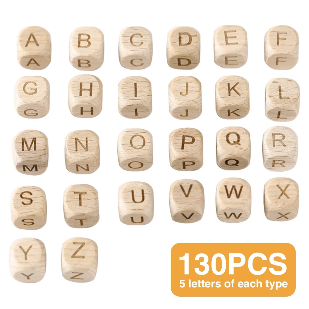 

130pcs Loose Home Lightweight DIY Craft 26 Initial Letter Wood Alphabet Bead Auxiliary Jewelry Making Educational Toy Square