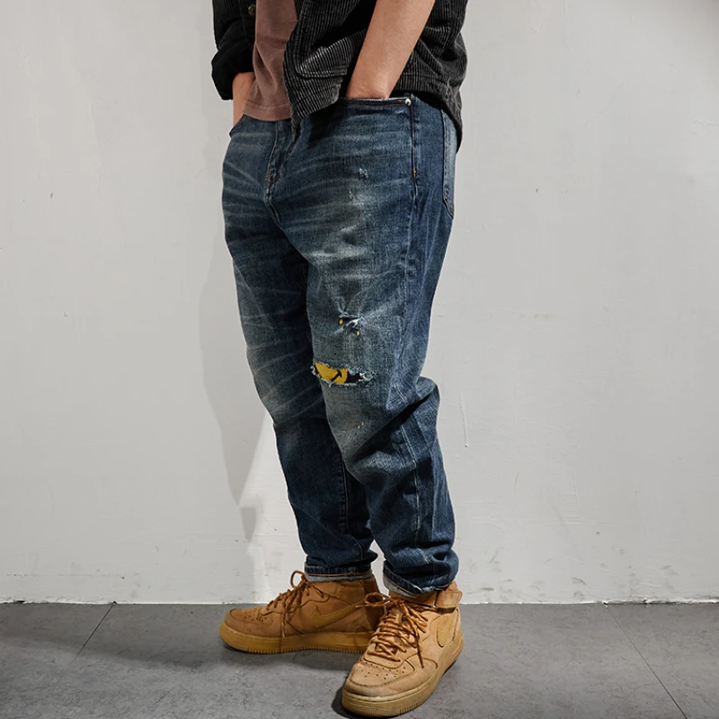 American Vintage Jeans Men's spring new trend straight pants patch old men's youth simple and versatile pants