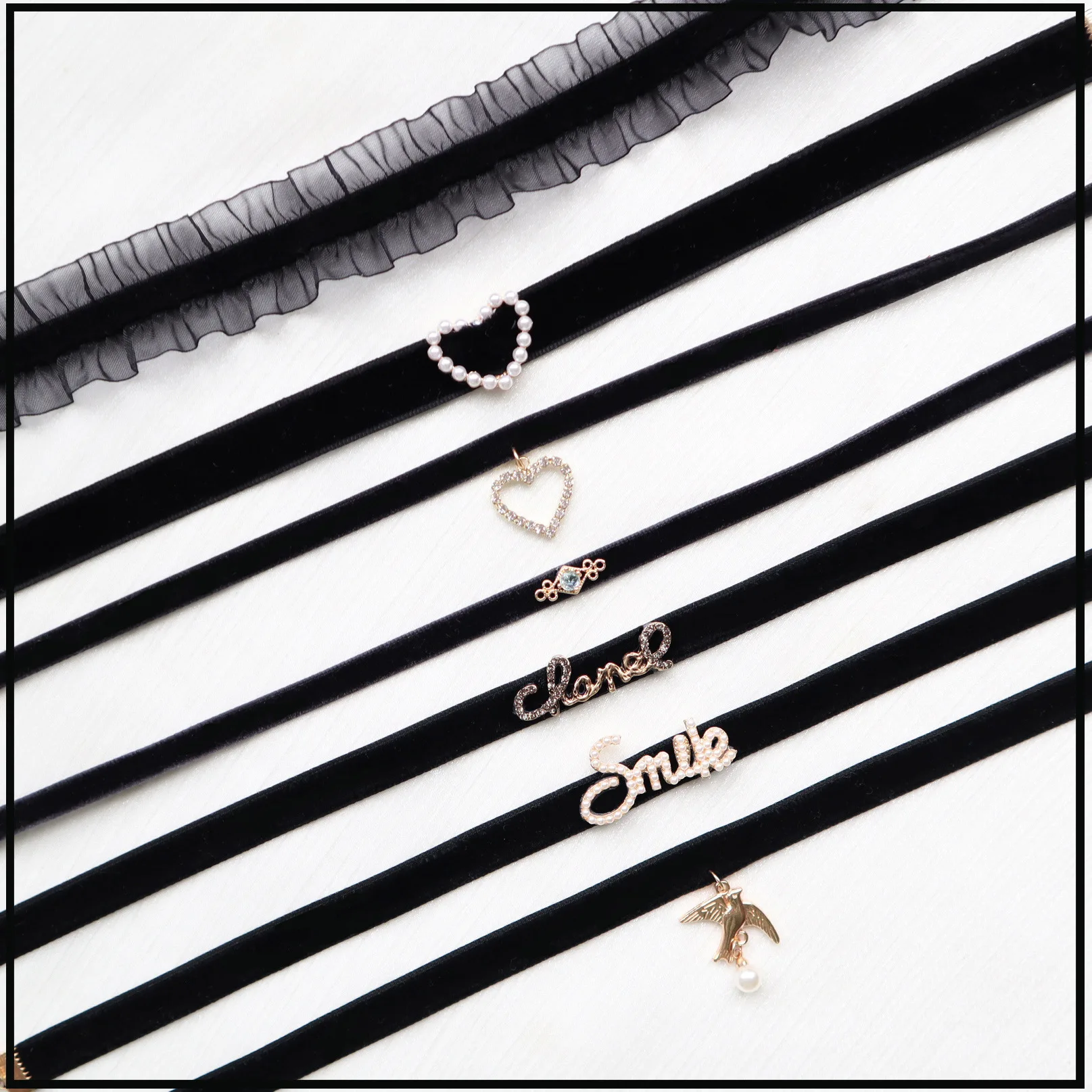 

XIKH Playful Cute Student Sisters Lace Choker Party Lovely Girl Neck Clavicle Chain Women Love Letter Rhinestones Short Necklace