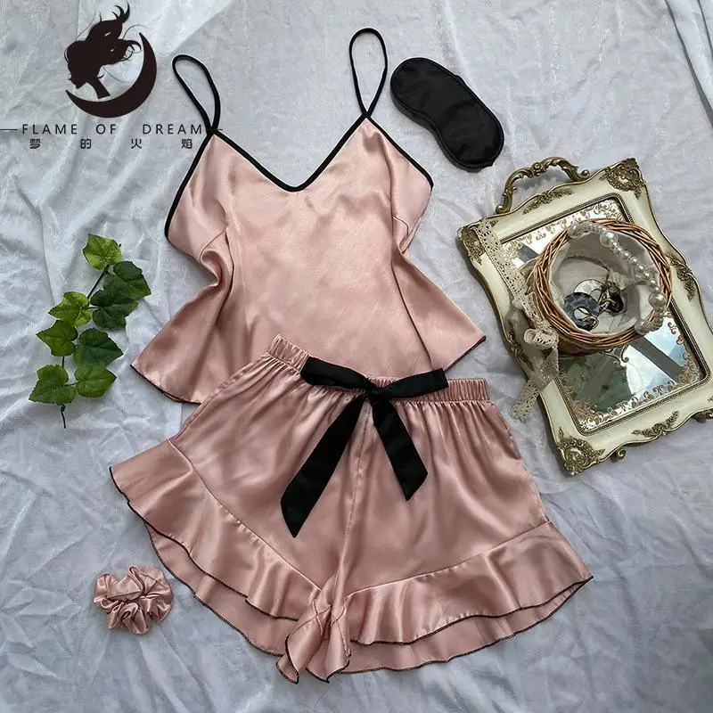 Sexy  Home pajamas Women's Summer Fashion Vest Shorts Set Home Silk Ice Silk Pajamas 3017