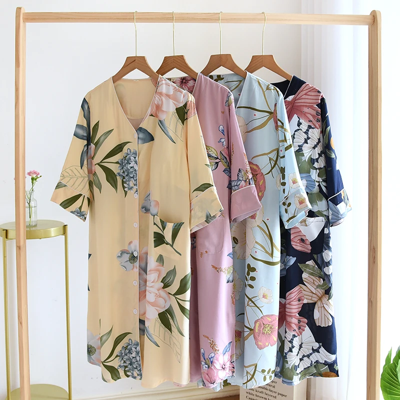 Summer Short-Sleeved Nightdress with Chest Pad Women's Cotton Silk Bra-Free Loose Artificial Cotton Long Dress Pajamas