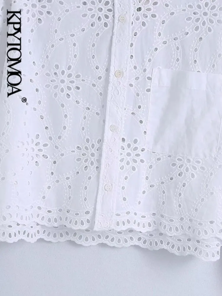 KPYTOMOA Женская мода с вышивкой свободные белые блузки винтажные длинным рукавом на