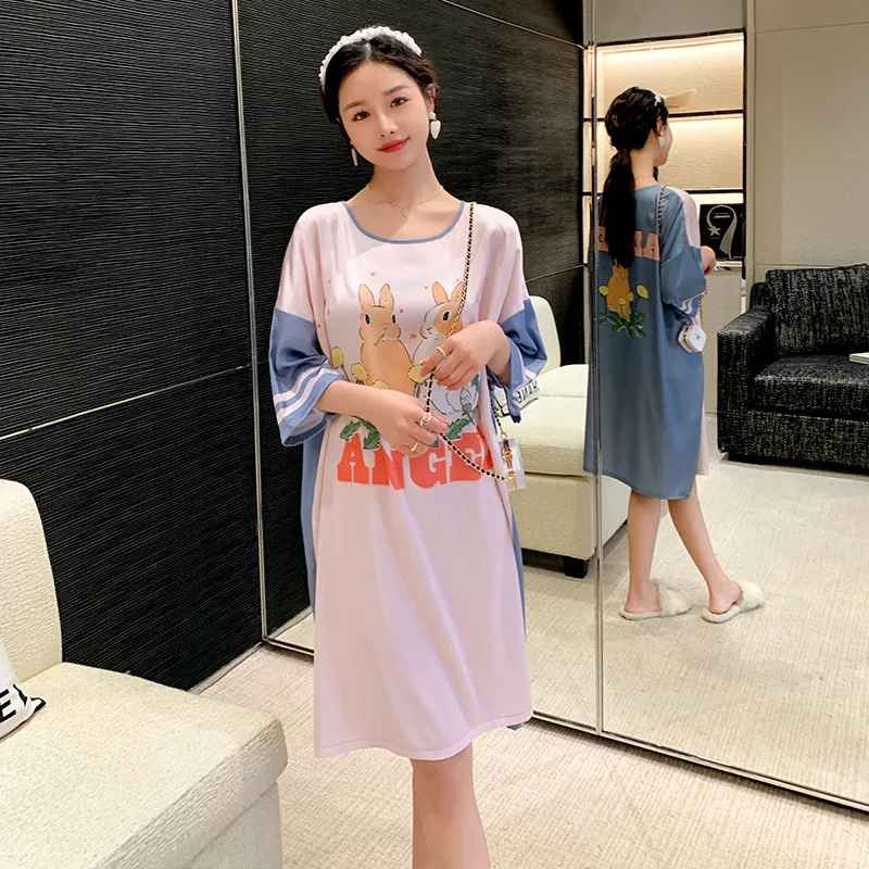 Summer 2023 new satin nightdress women's short sleeve silk pajama high-end sense literary loungewear cartoon pullover