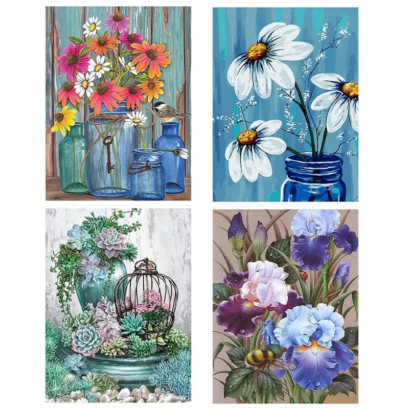 

4Pcs Flower DIY Full Round Drill Diamond Painting Cross Stitch Craft Kits Art Home Wall Decoration Children Gifts A