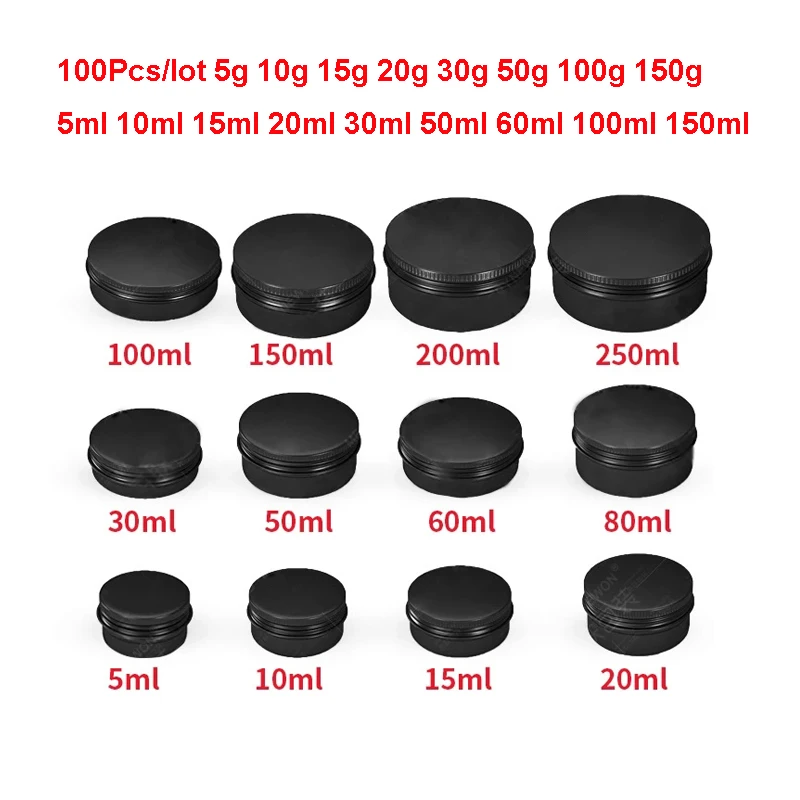 

100pcs 5g 10g 15g 20g 50g 100g 150g Black Aluminium Tin Jars Makeup Cream Lip Balm Container Empty Candle Tea Cans Metal Box
