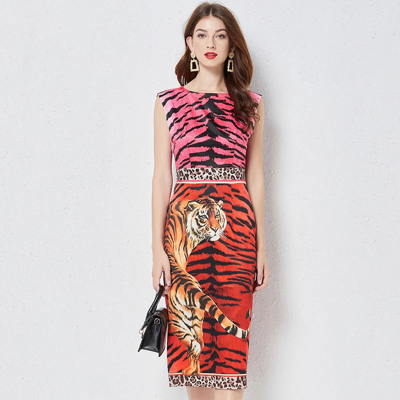 

Fashion Runway Summer Women Midi Dress Tiger Leopard Print Floral Vintage Bodycon Dress Party Night Vesti Tank