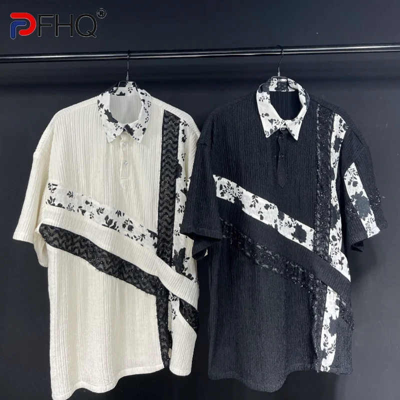 

PFHQ 2023 Summer New Fashion Casual Patchwork Printing For Men's T-shirt Short Sleeve Loose Pleated Tops Men Tide 21F3650