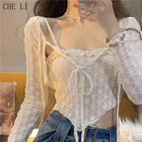 apricot lace shirt womens 2022 summer new pure desire inverted triangle suspenders with short shawl blouse two piece set female