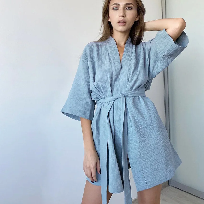 COZOK Nightwear 100% Cotton Robes Women Sexy Mini Dresses Three Quarter Sleeves Gown Bathrobe Female Nightgown Home Clothes